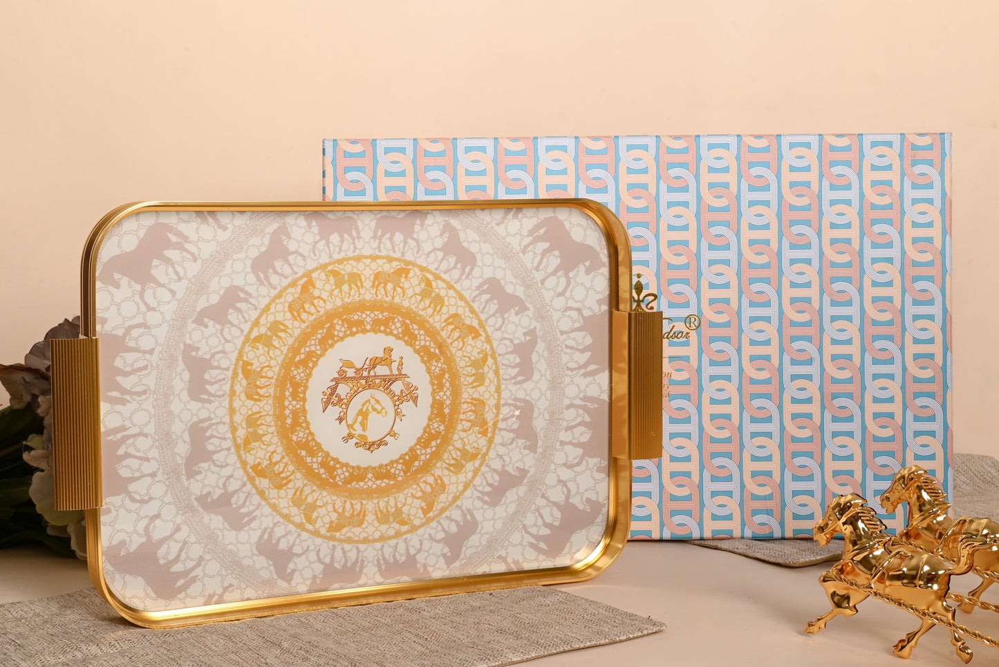 Royal Equestrian Glass Tray – Luxury Gold Serving Tray