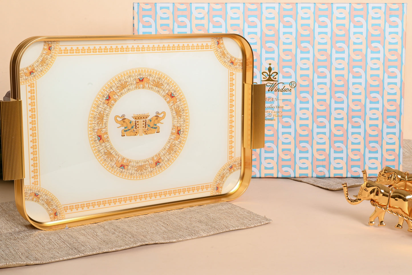 Royal Heritage Elephant Glass Tray – Gold Luxury Serving Tray