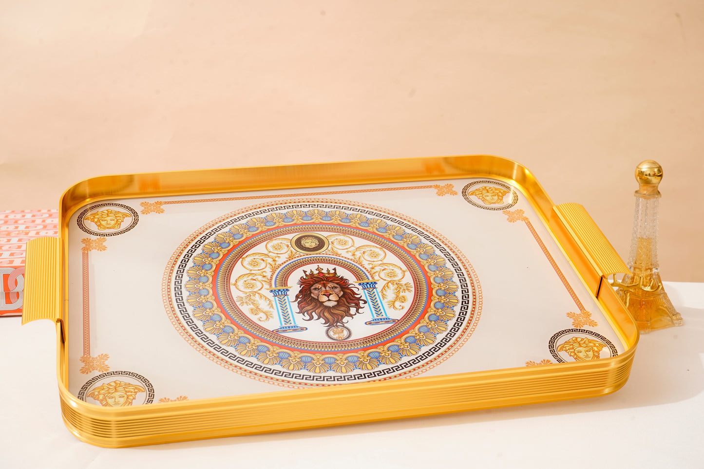 Royal Majesty Lion Glass Tray – Gold Luxury Serving Tray