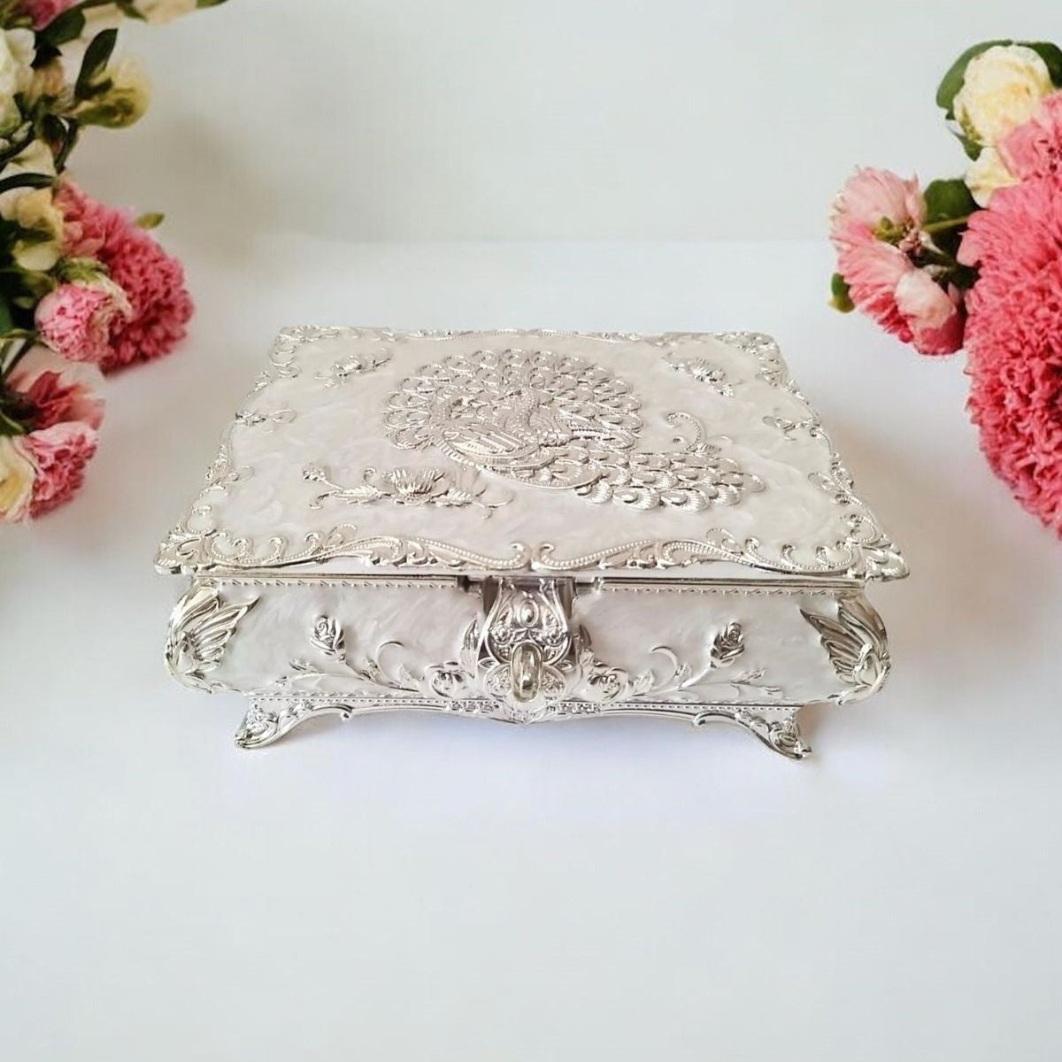 Peacock Enamel Jewelry Box (Large) - White