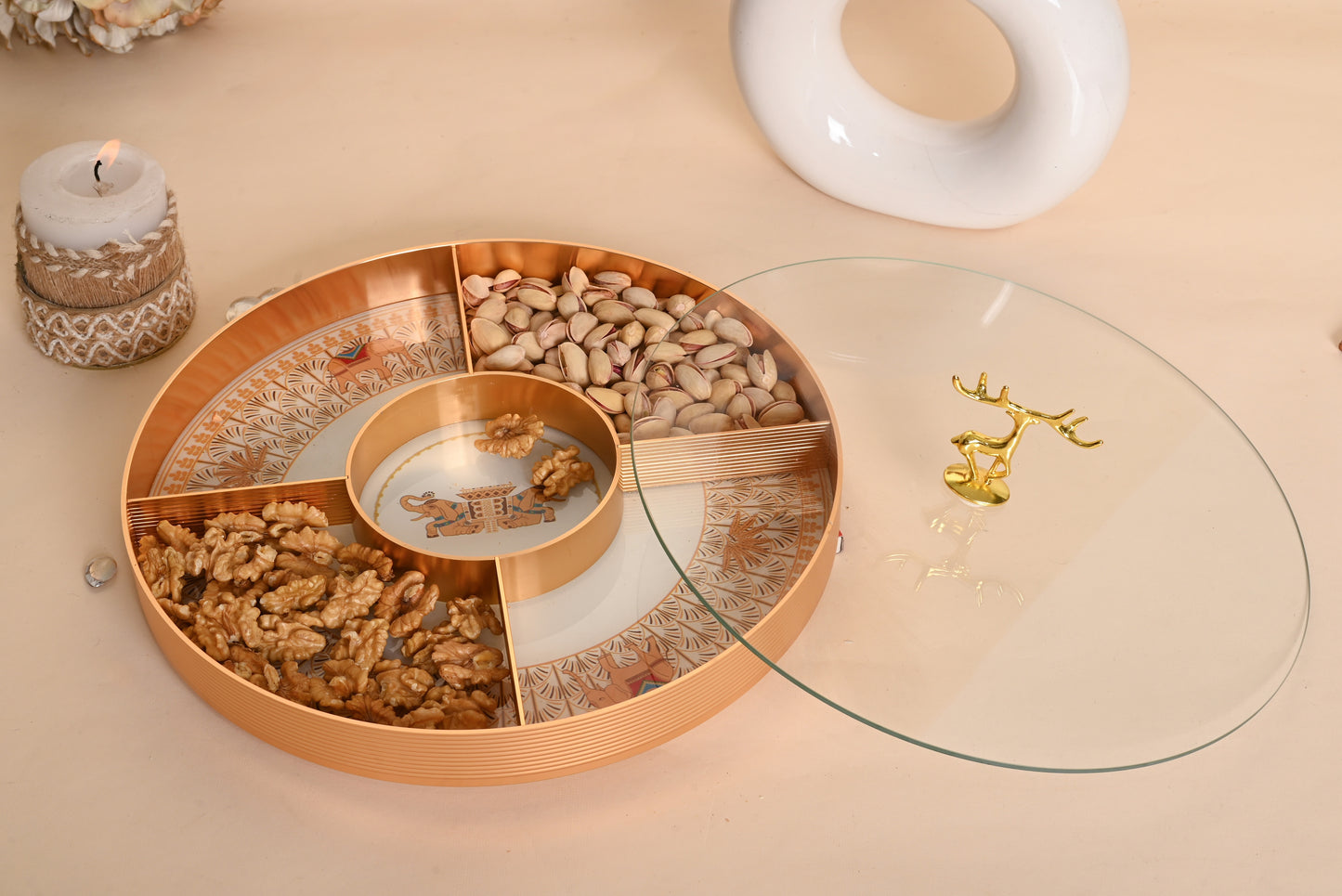 Royal Revolving Dry Fruit Platter with Glass Lid – Luxury Gold Serveware for Festive Gifting