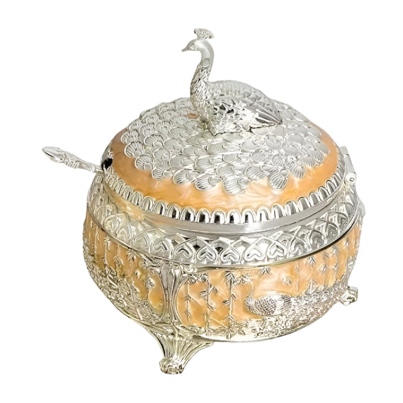Enamel Peacock Sugar Pot / Candy Box / Dry Fruit Box With Lid - Peach
