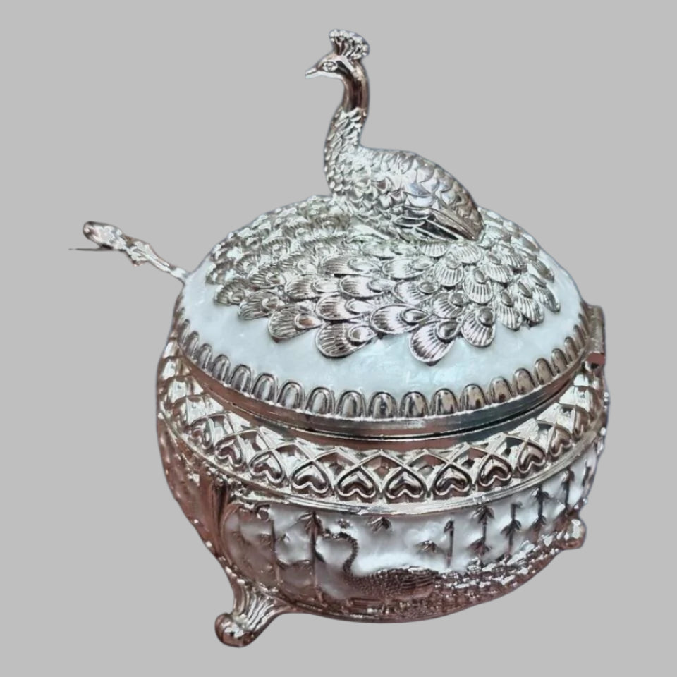 Enamel Peacock Sugar Pot / Candy Box / Dry Fruit Box With Lid - White