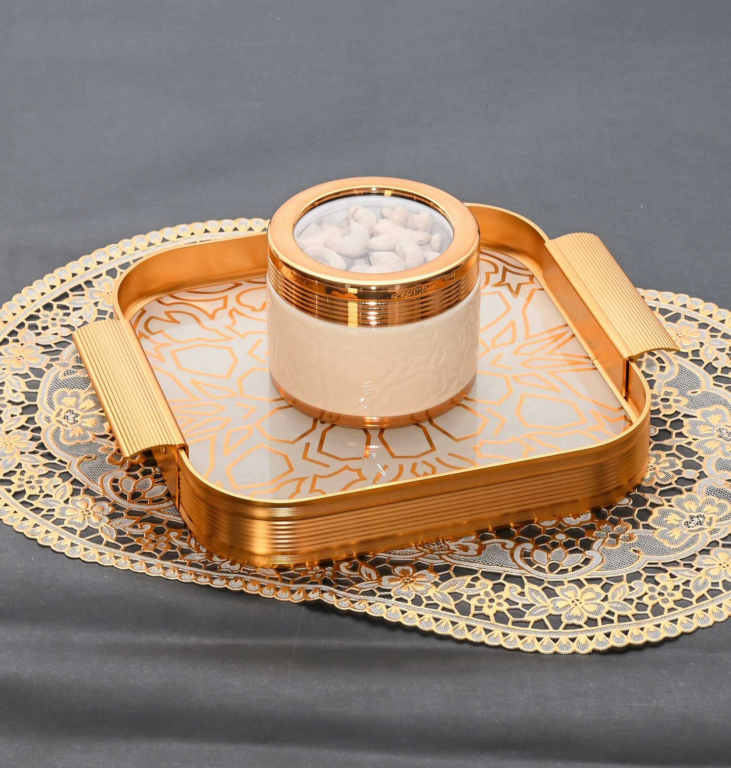 Golden Grace Dry Fruit Jar Set with Tray – Luxury Serveware for Festive Gifting
