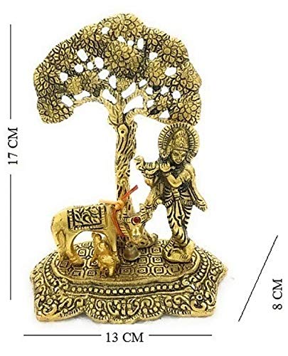 Metal Krishna with Cow Standing Under Tree Playing Flute