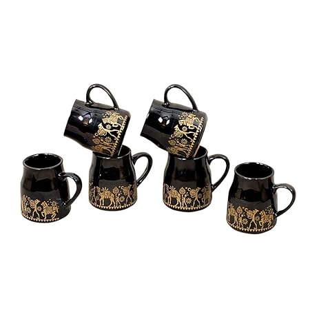 Exclusive Ceramic Rajasthani Printed Black Shine Flask Cane Tea Cup Set