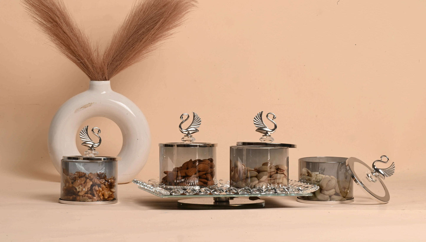 Sworovskii Crystal Dry Fruit Jar Set – Luxury Glass Containers with Decorative Tray