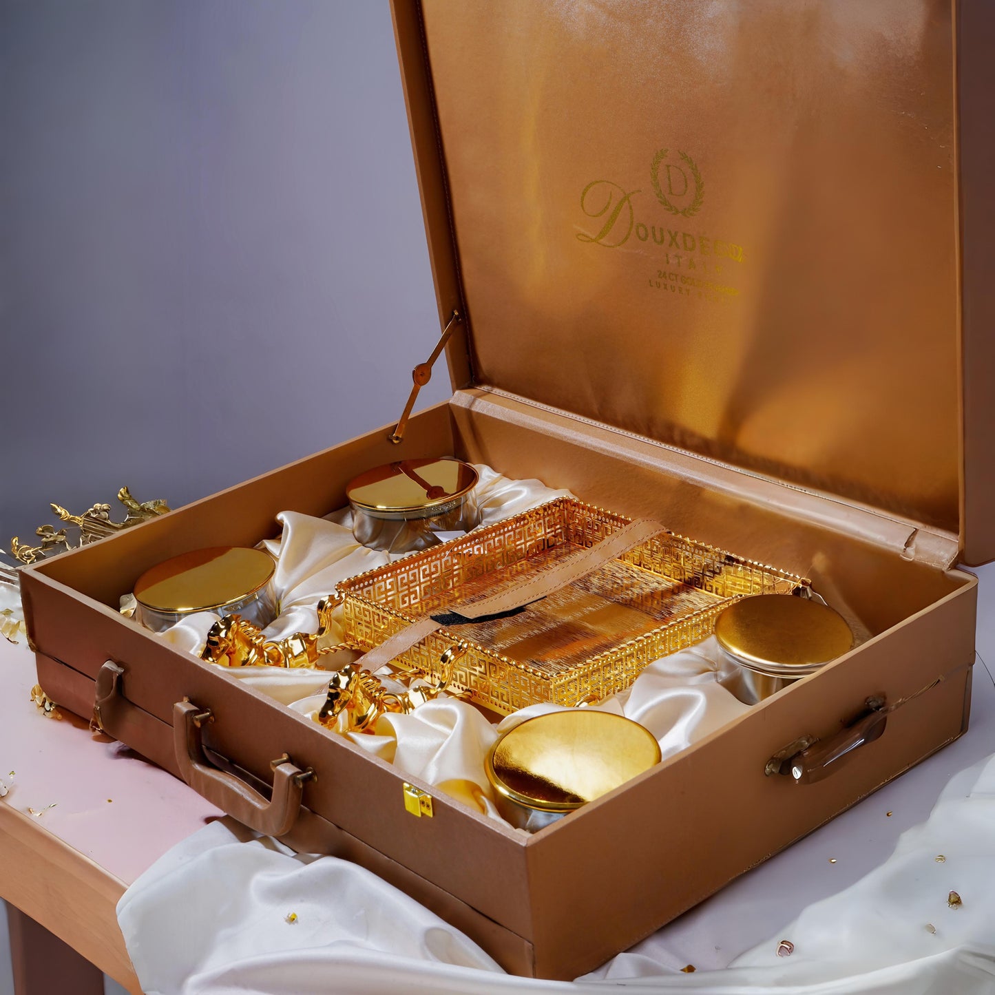 Elegant Gold Dry Fruit Serving Platter with Jars — Luxury Gift Tray