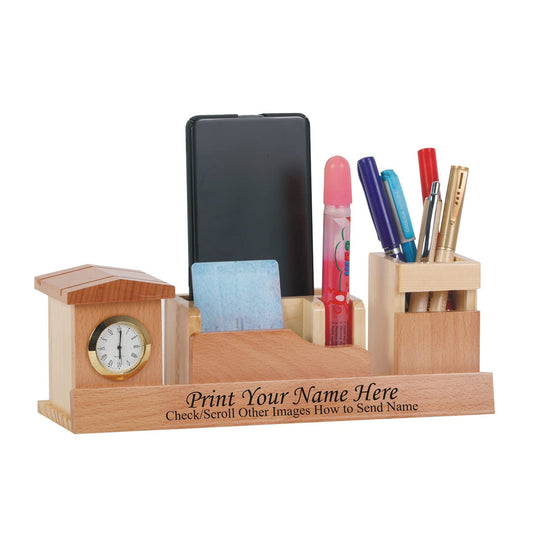 Wooden Desk Organizer with Clock, Card and Mobile Holder