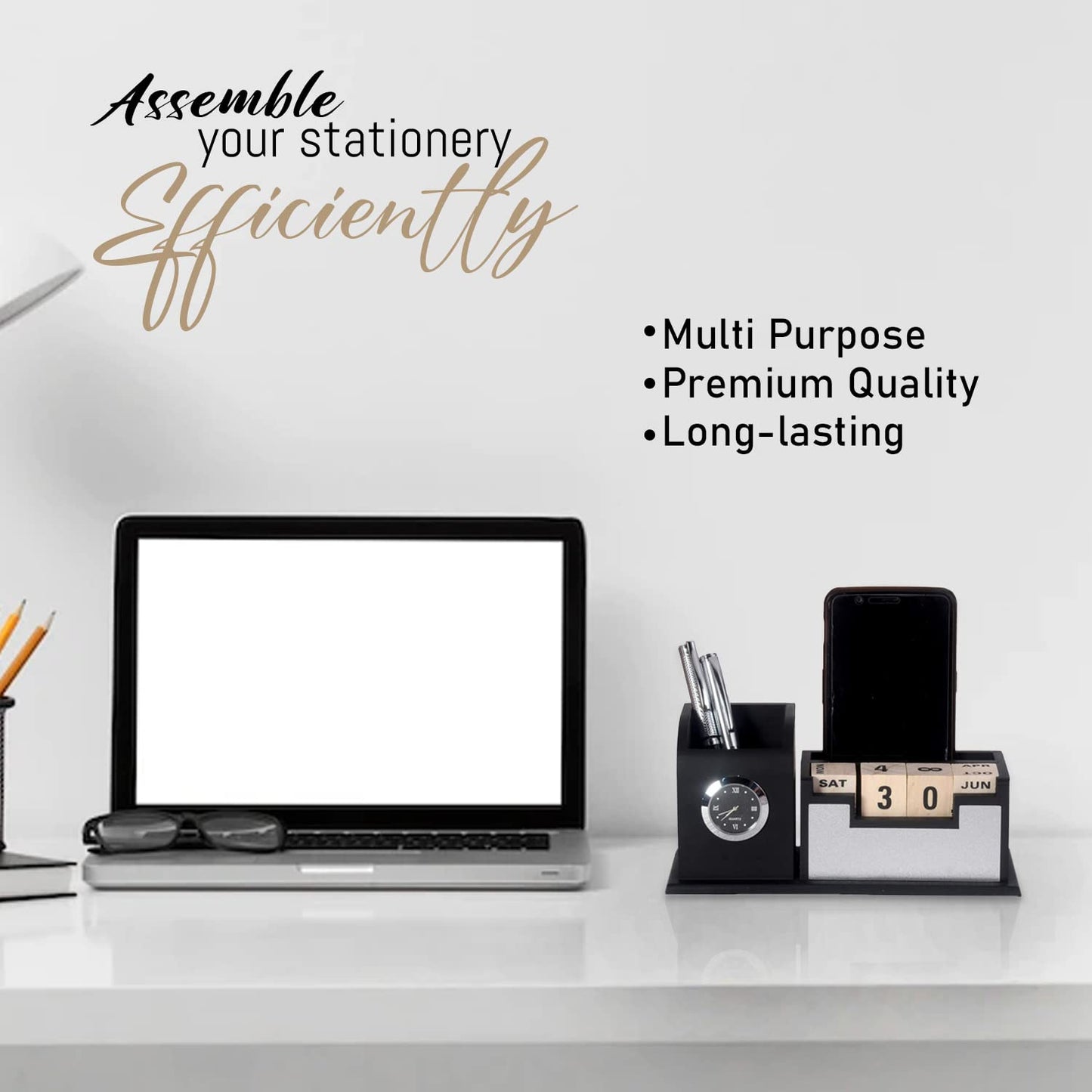 Wooden Pen Stand With Clock and Wooden Calendar