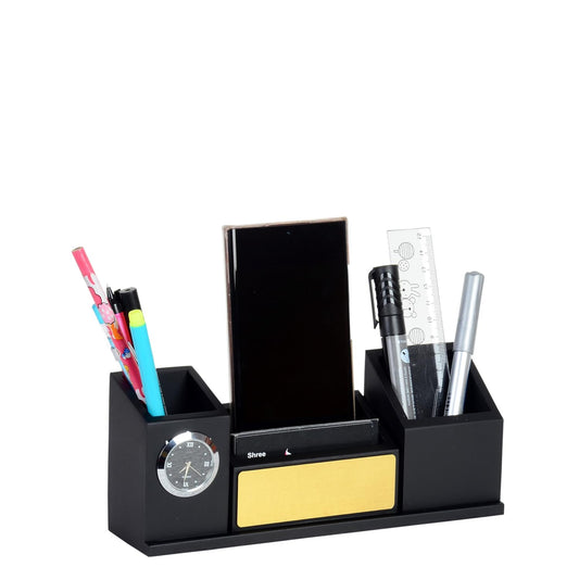 Personalized Black Wooden Desk Organizer with Clock, Card, Pen and Mobile Holder
