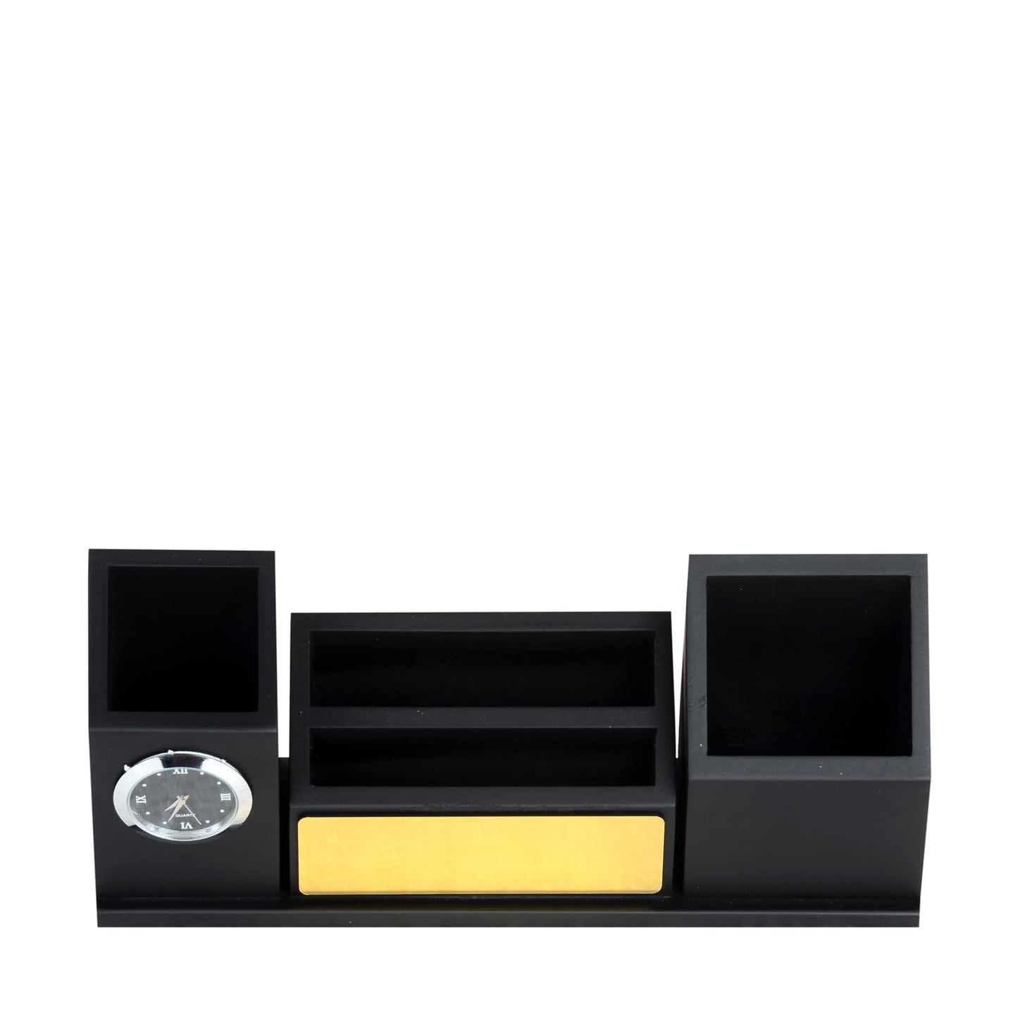 Personalized Black Wooden Desk Organizer with Clock, Card, Pen and Mobile Holder