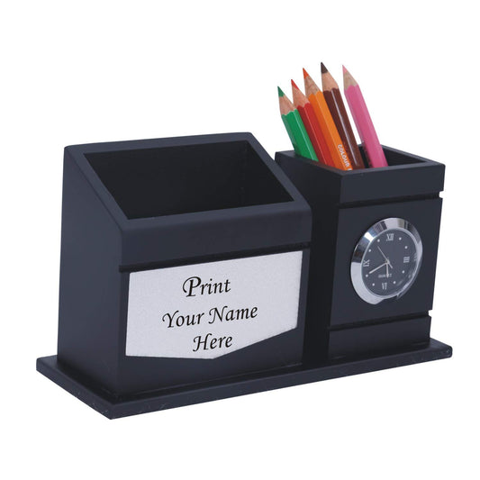 Black Wooden Desk Organizer with Clock, Pen Stand and Mobile Holder