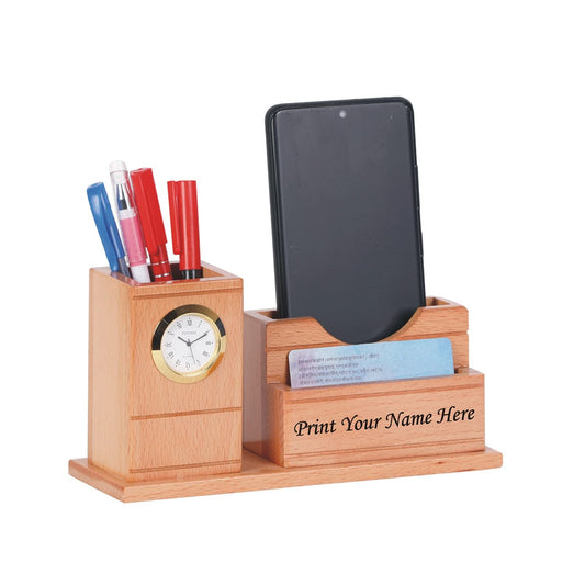 Wooden Desk Organizer with Clock, Pen, Card and Mobile Holder