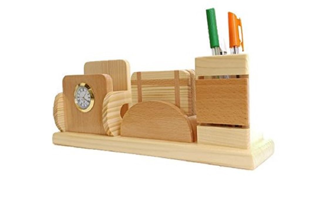 Wooden Pen Stand with Clock, Card or Mobile Holder and Tea Coasters