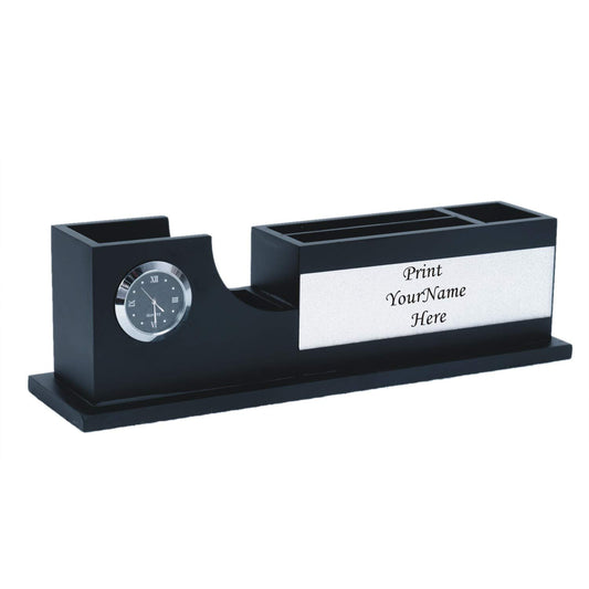 Black Wooden Desk Organizer with Clock, Card and Mobile Holder