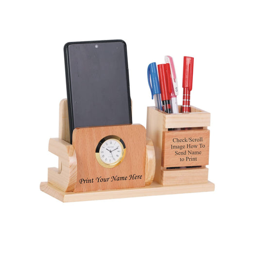 Personalized Wooden Pen Stand with Clock and Mobile Holder