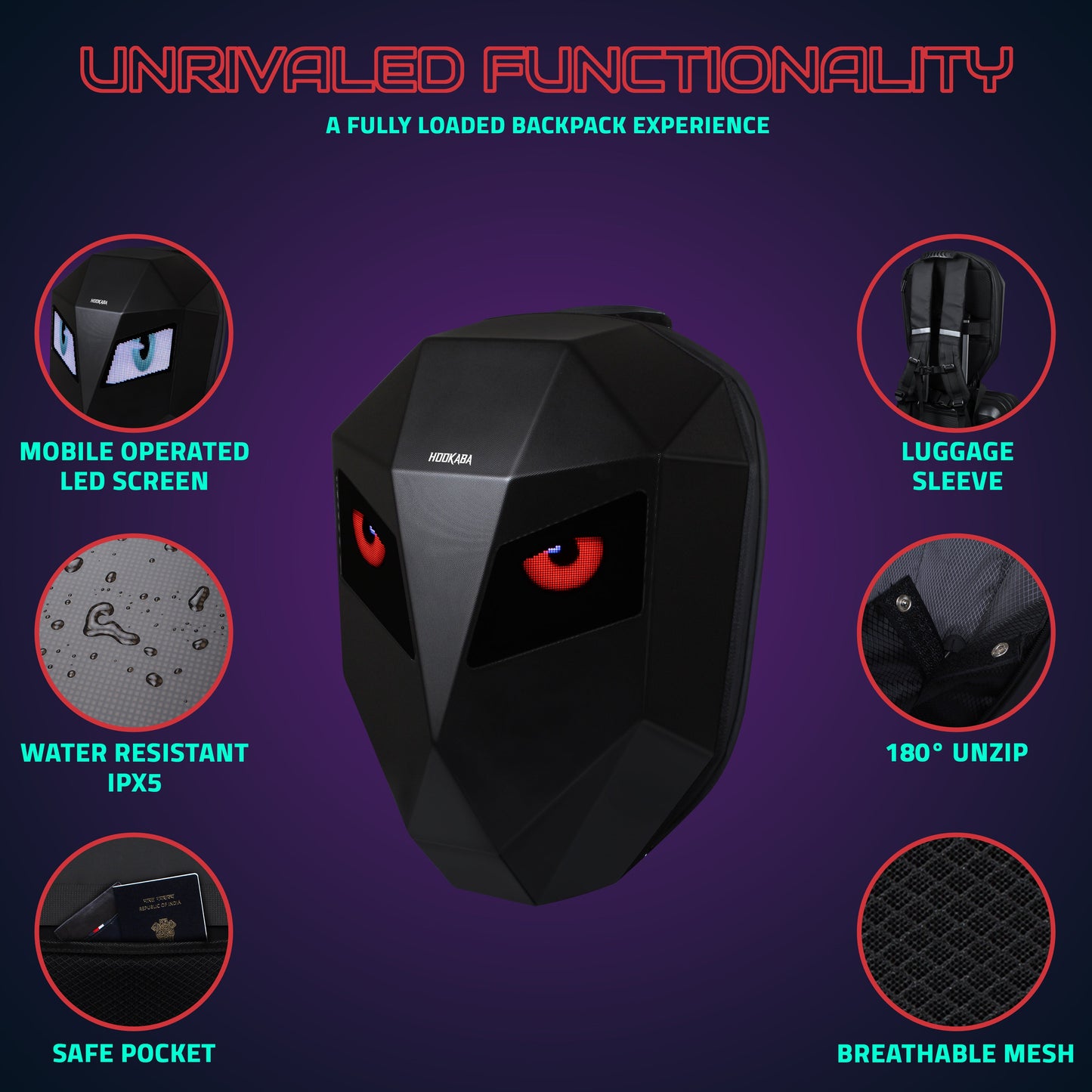 Hookaba Eye Rover Junior LED Backback – Custom Display via App | USB Powered | Ideal for Kids, Women, Bikers & Travelers (With Power Bank)