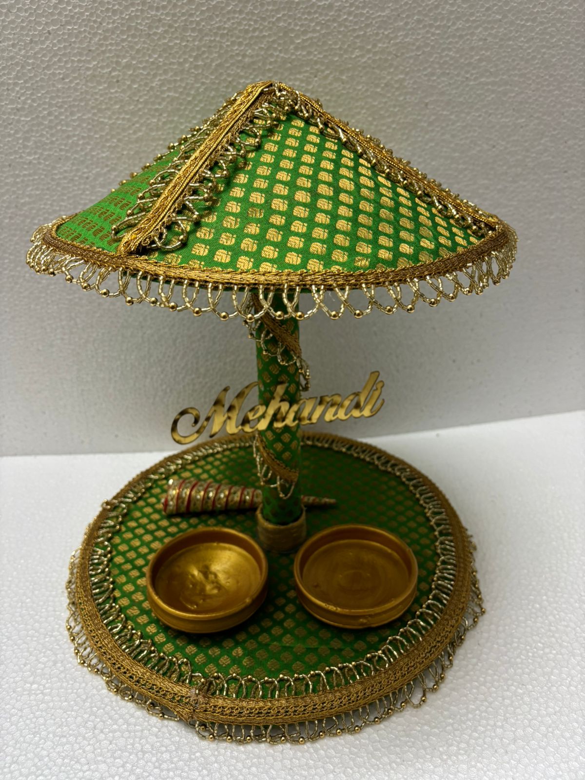 Handcrafted Mehandi Platter with Decorative Umbrella – Green & Golden