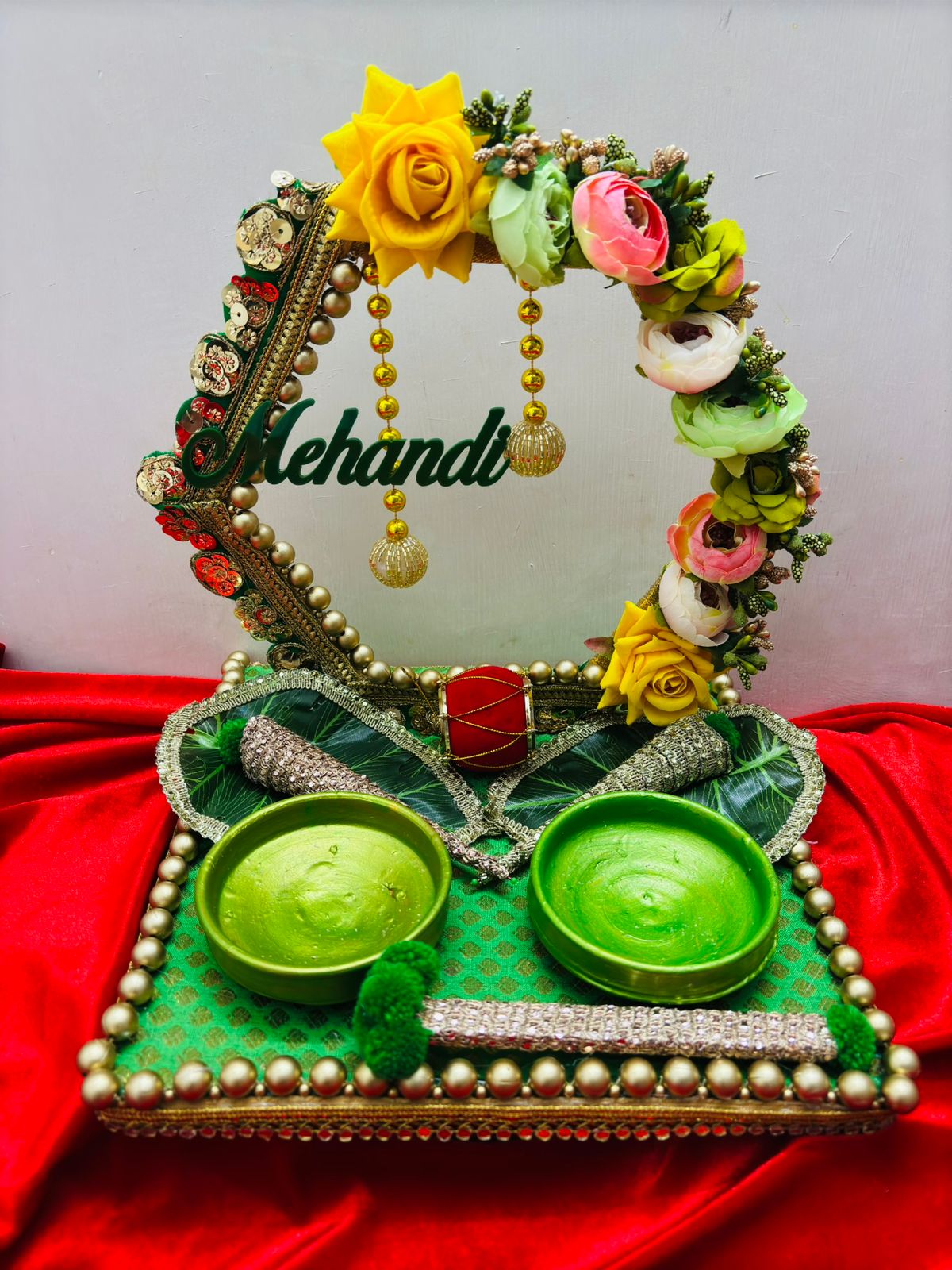 Handcrafted Floral Mehandi Platter with Bowls – Green & Golden