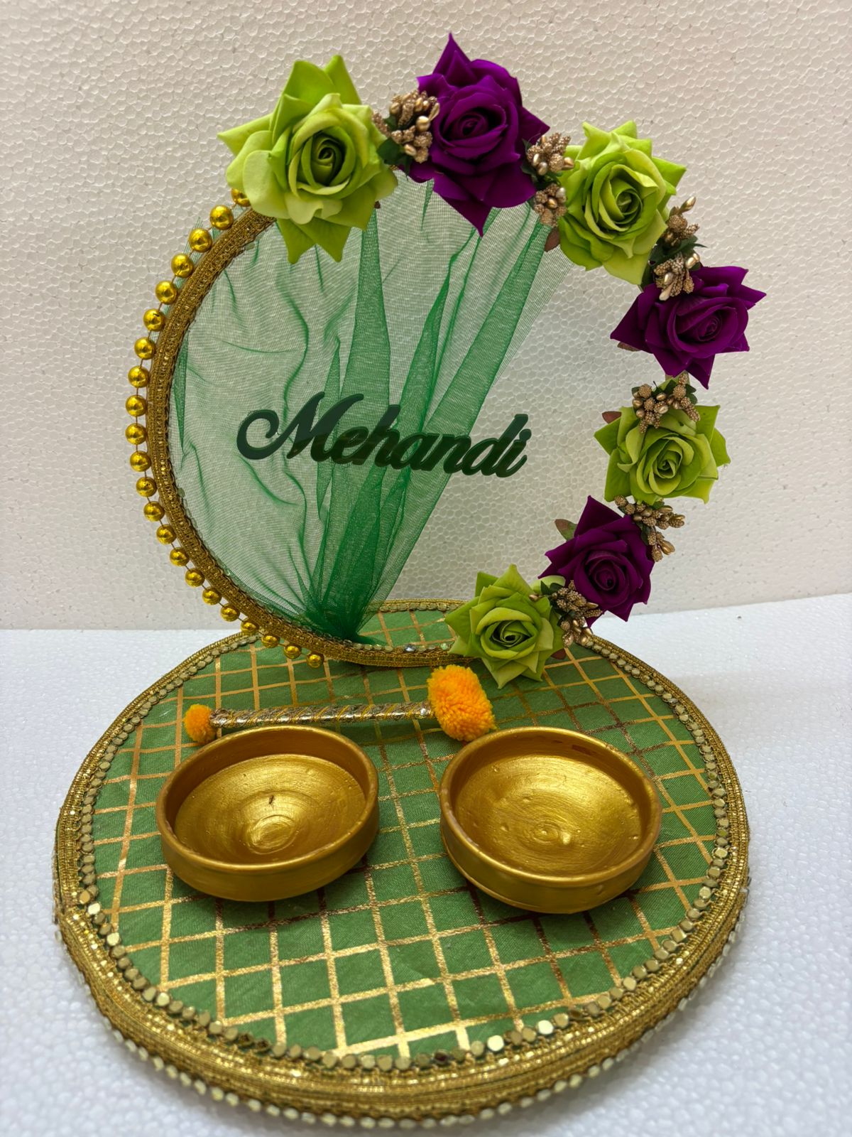 Handcrafted Round Floral Mehandi Platter – Green & Purple with Golden Bowls