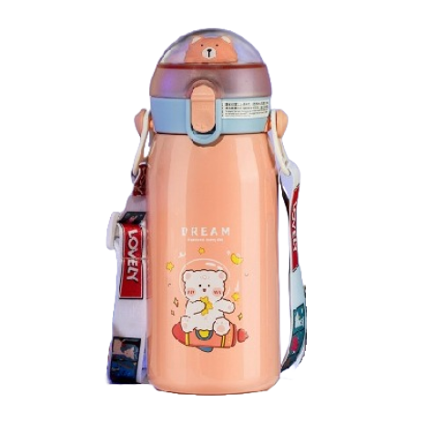 Stainless Steel Cartoon Print Water Bottle with Straw, Double Walled Vacuum Insulated - 530 ml