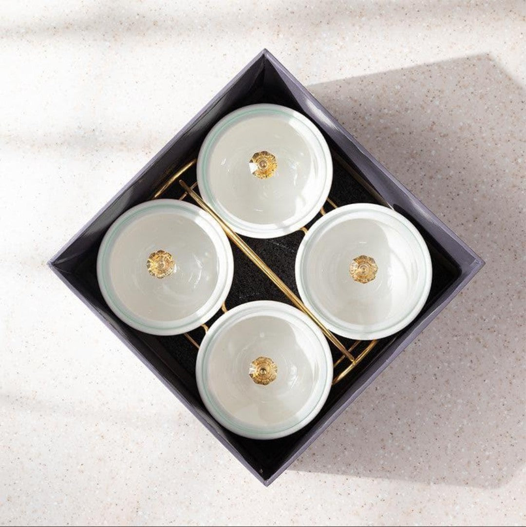 Luxury Porcelain Candy & Dry Fruit Jar Set with Gold Stand – 4 Piece Decorative Storage Organizer