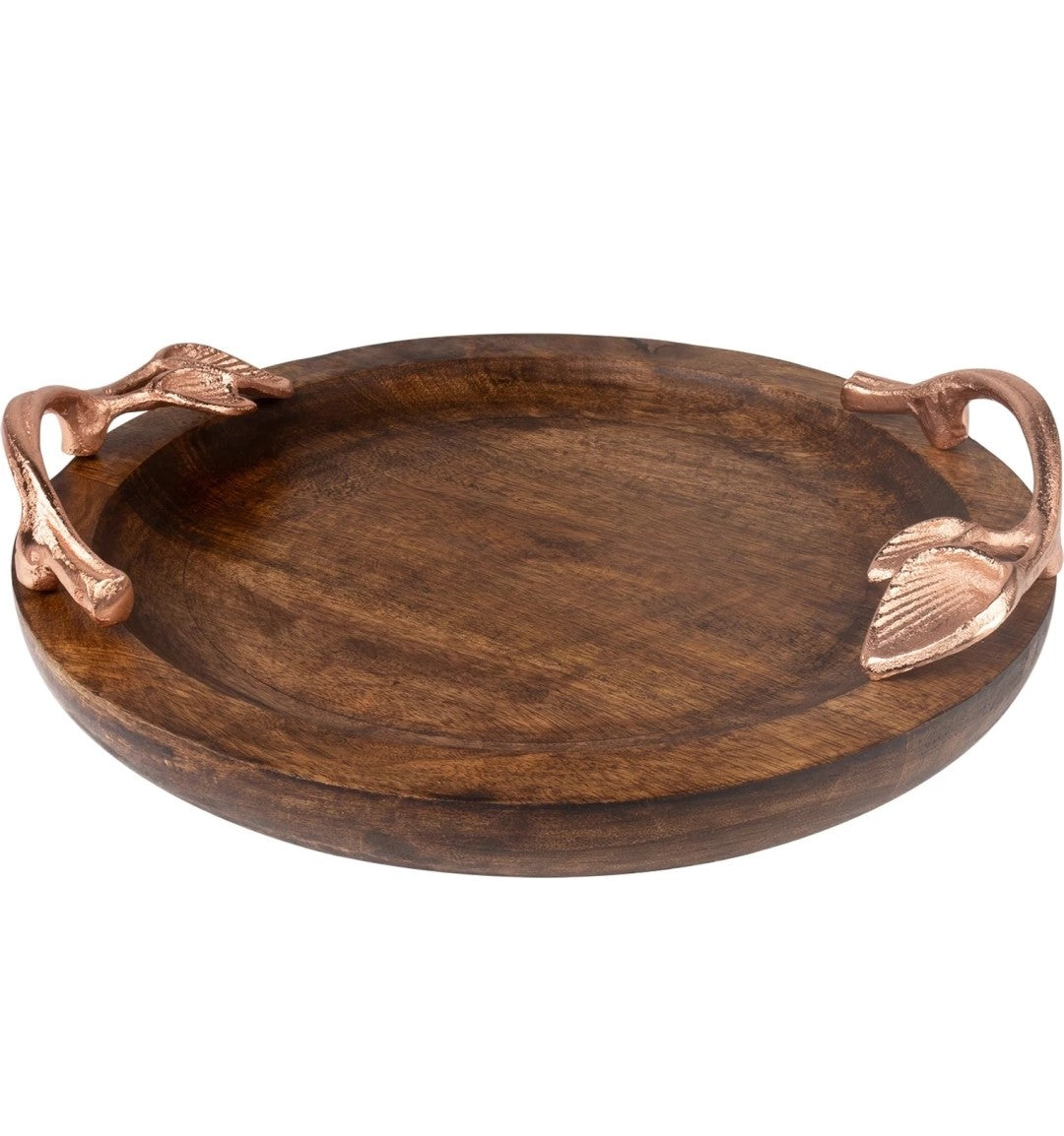 Wooden Round Platter/Serving Tray With Golden Floral Handle