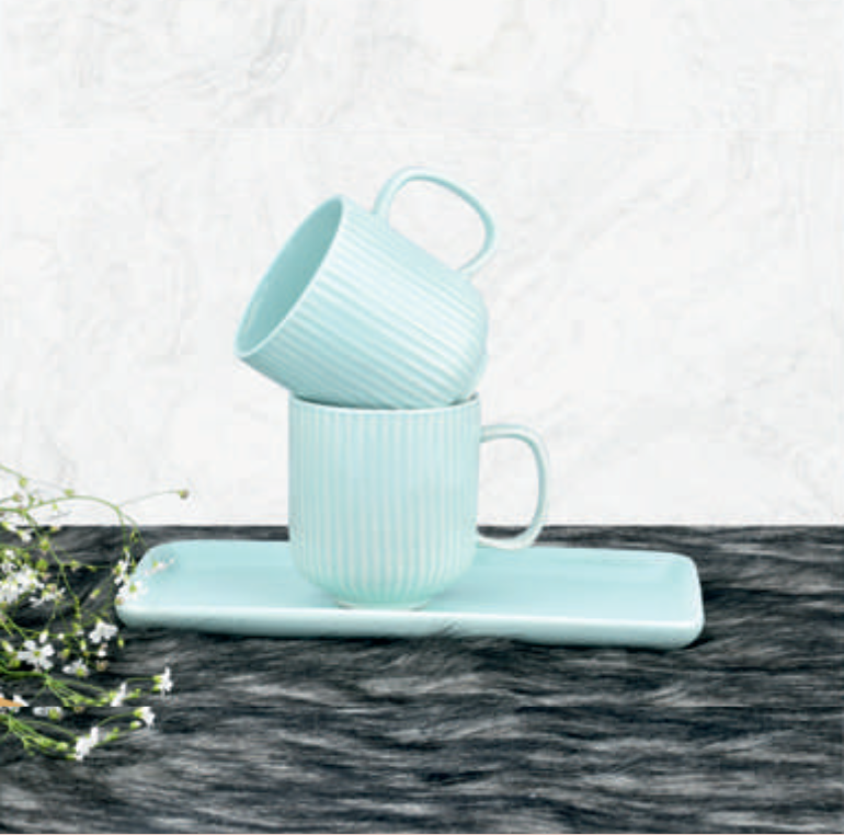 Set of 2 Striped Ceramic Mugs with Tray