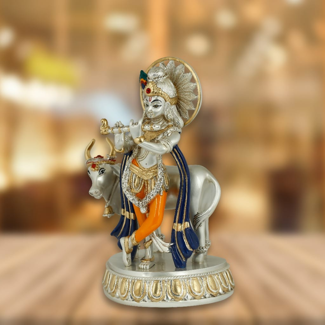 Pure Silver Plated Lord Krishna with Cow Idol