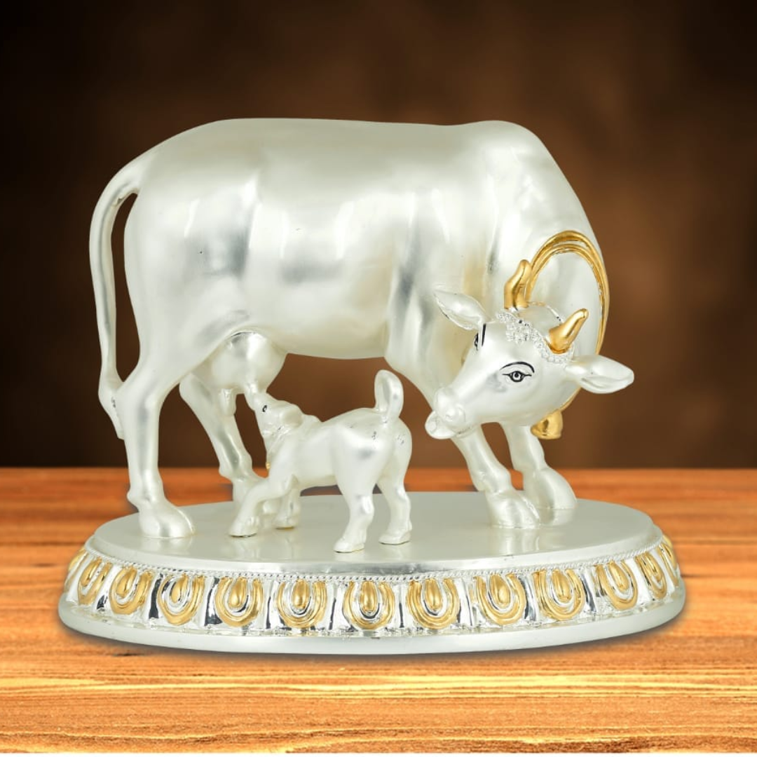 Pure Silver Plated Kamdhenu Cow With Calf (XL)