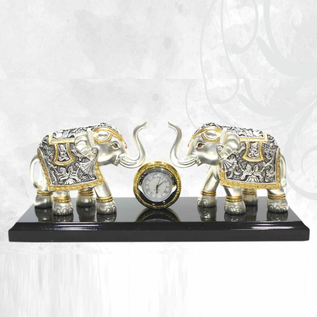 Pure Silver Plated Double Elephant Clock Showpiece