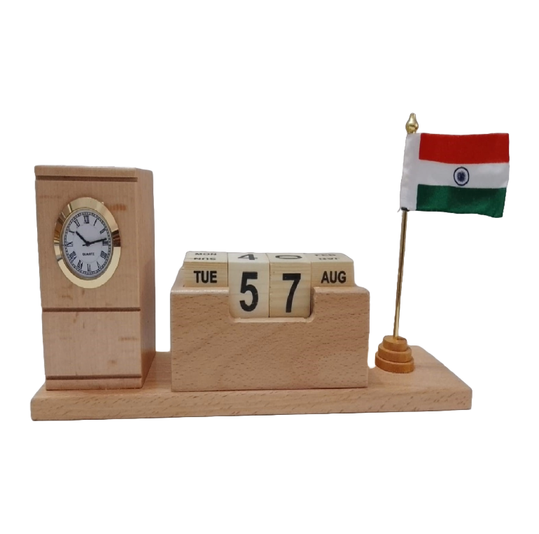 Personalized Wooden Desk Organizer with Clock, Pen Stand, Calendar Blocks and Indian Flag for Home & Office