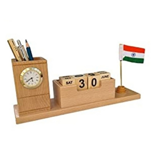 Personalized Wooden Desk Organizer with Clock, Pen Stand, Calendar Blocks  and Indian Flag for Home & Office