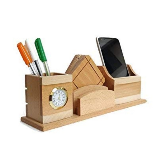 Wooden Pen Stand with Clock, Card or Mobile Holder and Tea Coasters