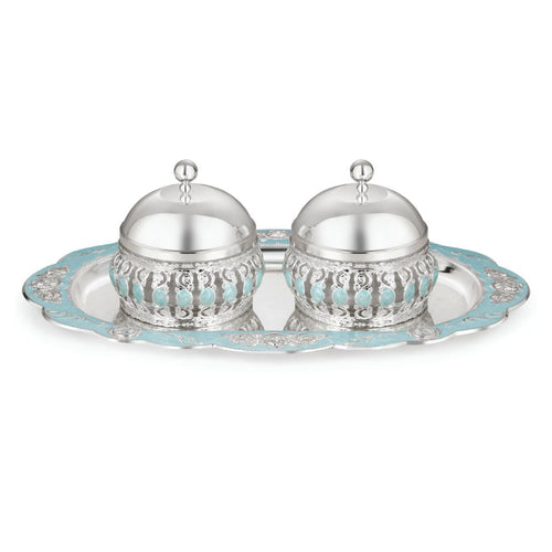 Oval Tray With Set of 2 Enamel Candy Jars - Blue