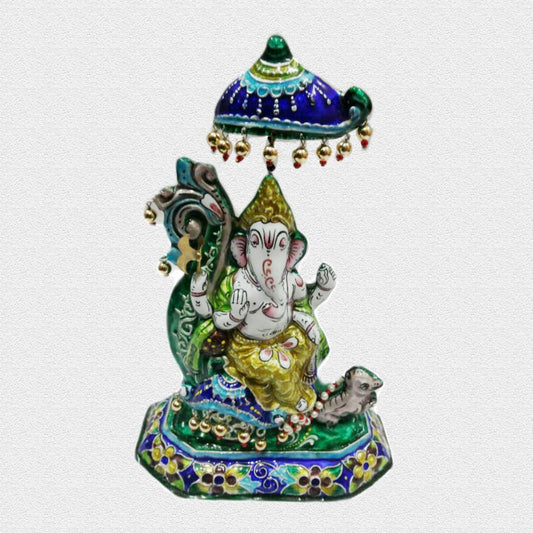 Silver Meenakari Shri Ganesh Ji on Rath, 4.7 x 2.6 x 6.5"