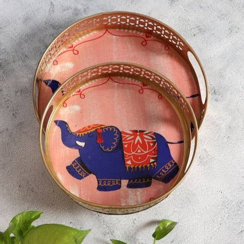 Pink Elephant Pichwai Tray (Set of 2)