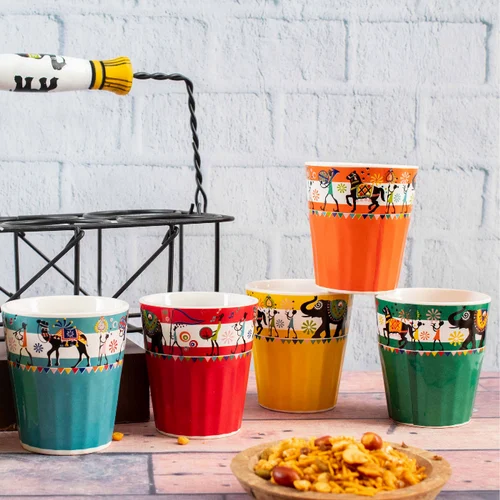 Handcrafted Ceramic Multicolor Tribal Art Cutting Chai/Tea Glasses With Stand