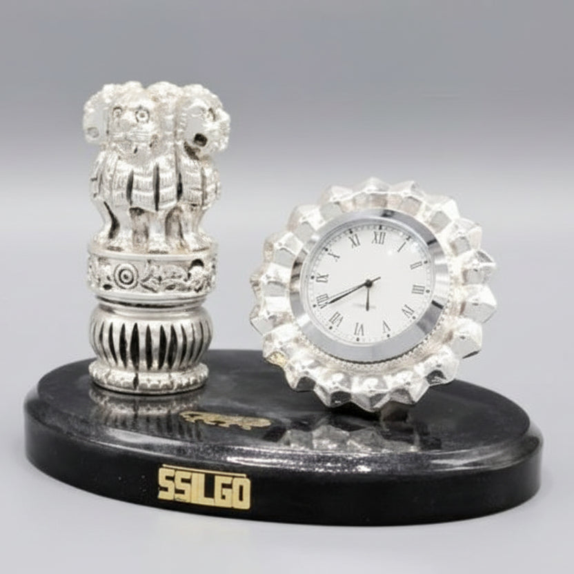Sacred Crest 999 pure silver plated Ashoka pillar desk clock luxury office decor UphaarOnline