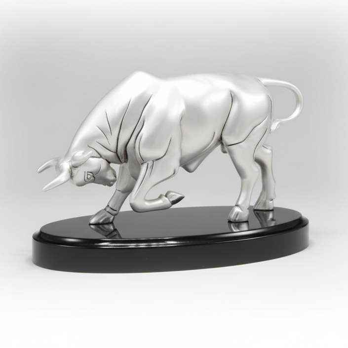 Thundering Beast 999 pure silver plated charging bull sculpture luxury office decor UphaarOnline