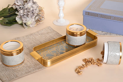 Royal Aura Grey & Gold Dry Fruit Jar Set with Tray – Luxury Gift Serveware