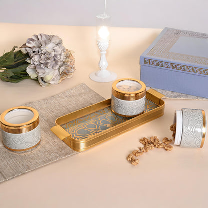 Royal Aura Grey & Gold Dry Fruit Jar Set with Tray – Luxury Gift Serveware