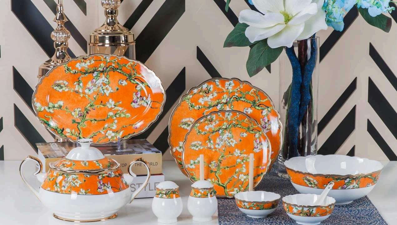 Classic Orange Blossom Porcelain Dinner Set – 37 Pieces, Premium Vegan Tableware