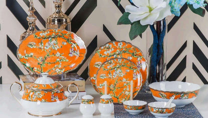 Classic Orange Blossom Porcelain Dinner Set – 37 Pieces, Premium Vegan Tableware