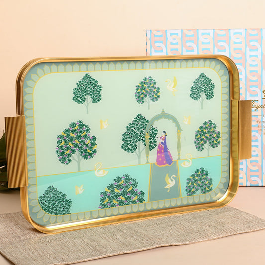 Royal Garden Glass Tray – Luxury Peacock Lady Serving Tray