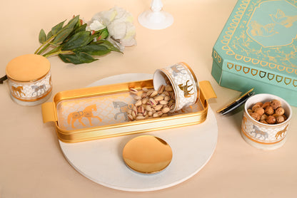 Royal Equestrian Dry Fruit Jar Set with Tray – Luxury Gold Gift Set