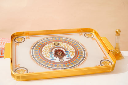 Royal Majesty Lion Glass Tray – Gold Luxury Serving Tray