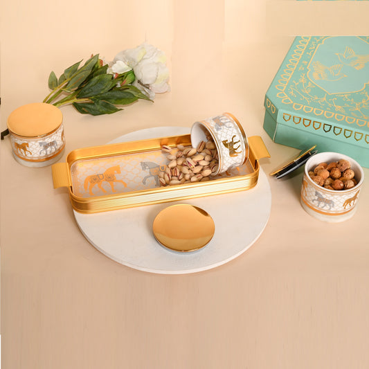 Royal Equestrian Dry Fruit Jar Set with Tray – Luxury Gold Gift Set