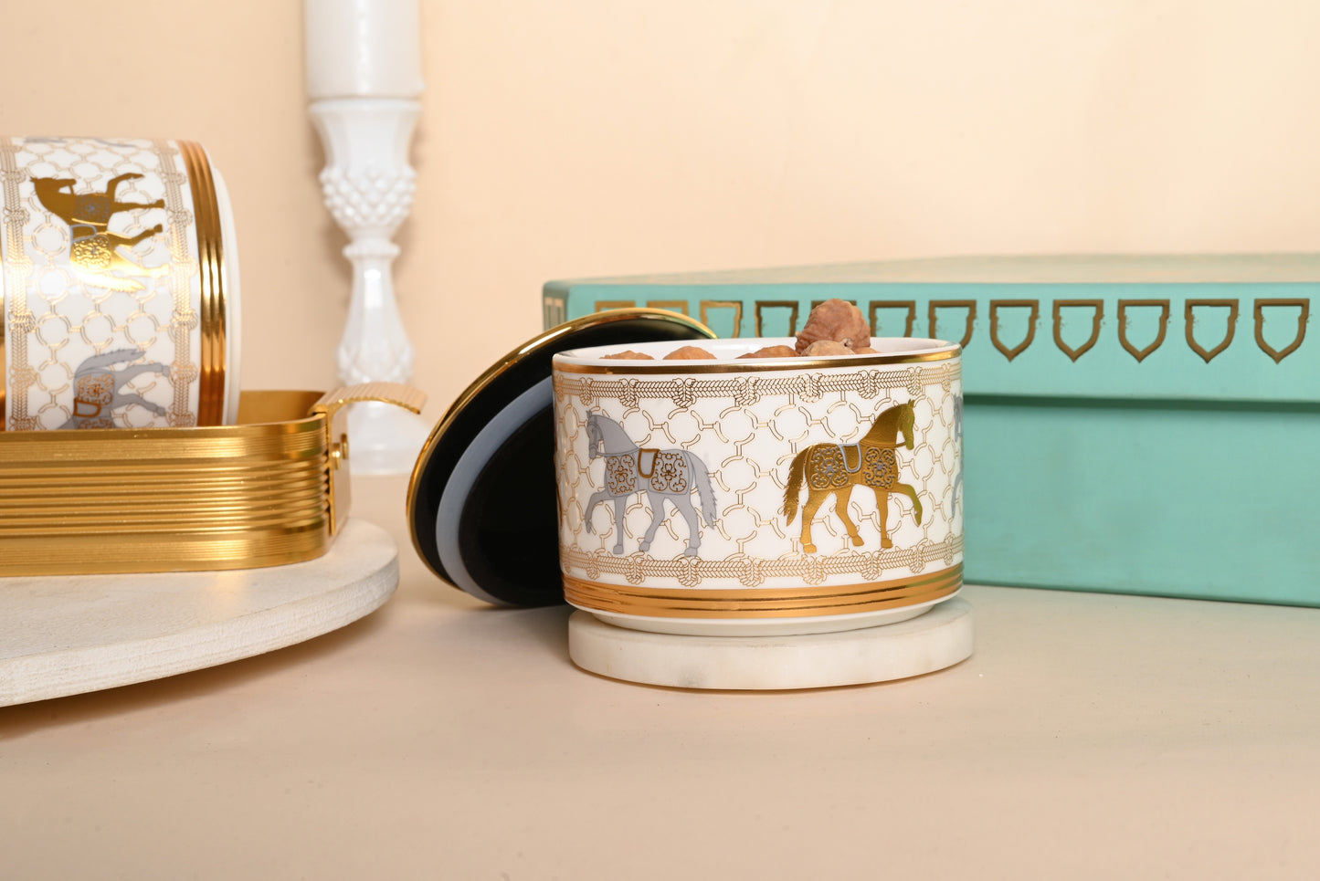 Royal Equestrian Dry Fruit Jar Set with Tray – Luxury Gold Gift Set